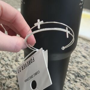 Forever 21 CZ Double Cross Silver Cuff Bracelet